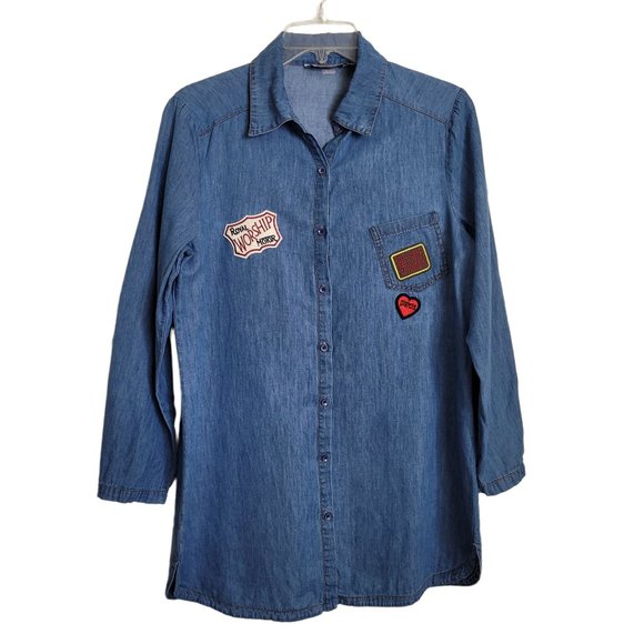It Hippie Long Sleeve Button Up Jean Shirt with Patches Large - Picture 1 of 7